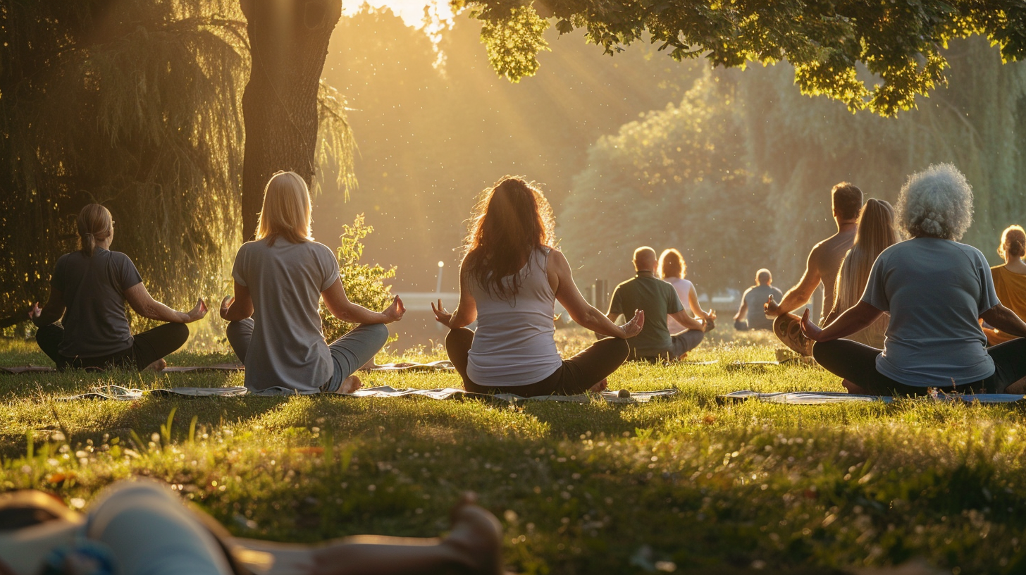 Люди різного віку займаються йогою в студії